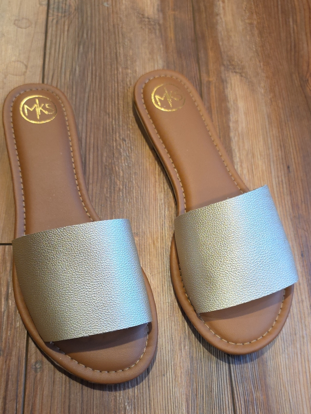 MKS Metallic Gold Wide-Band Slide Sandals